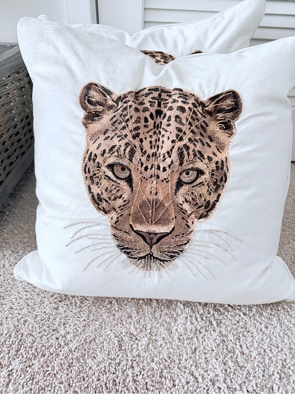 Z Gallerie Cream Pillow (2) with Embroidered Golden Brown Leopard - Picture 3 of 3
